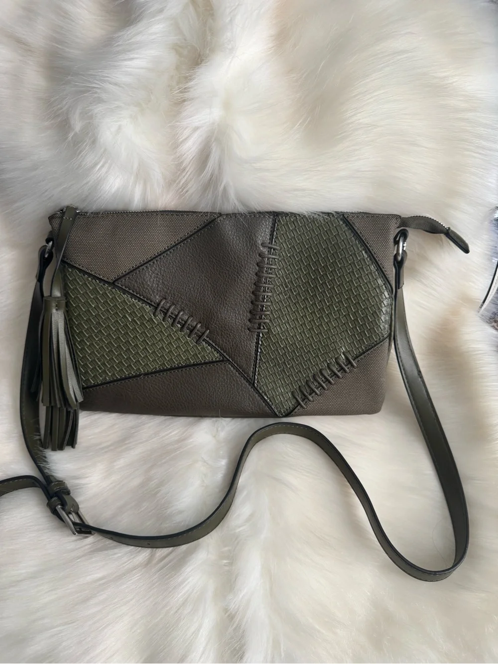French Connection Olive and Taupe Patchwork Crossbody with Tassel